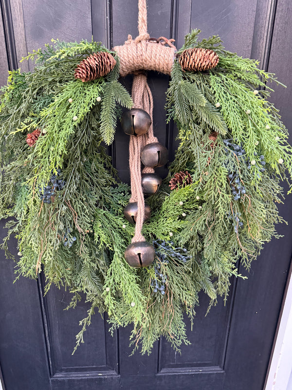 Cascading Pine & Cedar Wreath with Rustic Bells for Winter