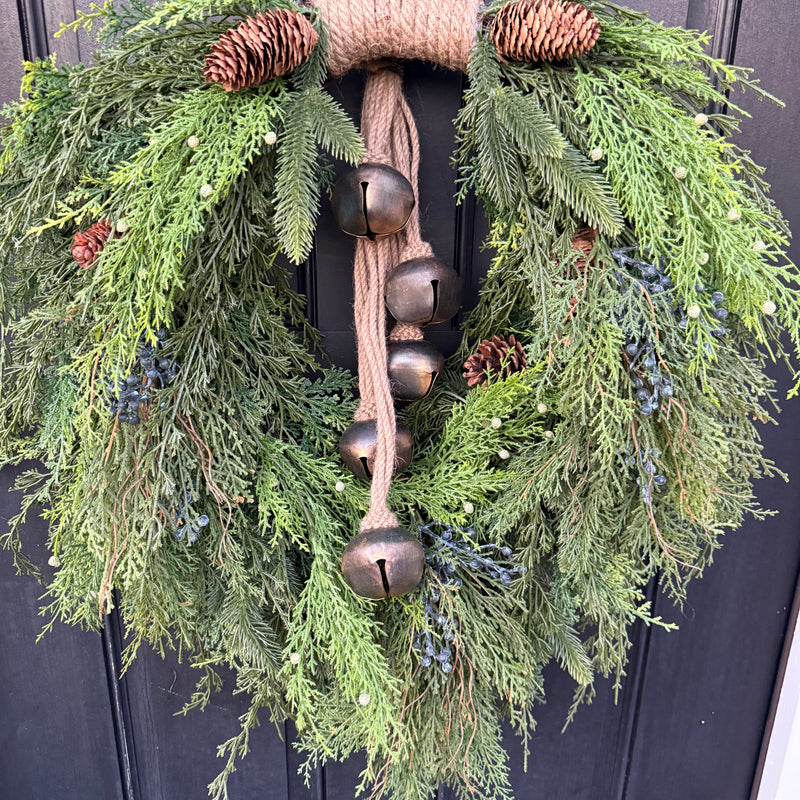 Cascading Pine & Cedar Wreath with Rustic Bells for Winter