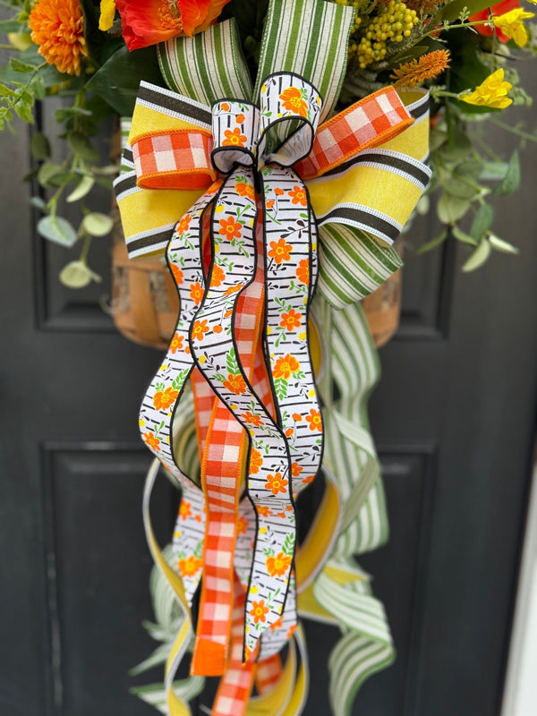 Vibrant Hanging Poppy Flower Tobacco Basket w Large Bow for Summer & Spring