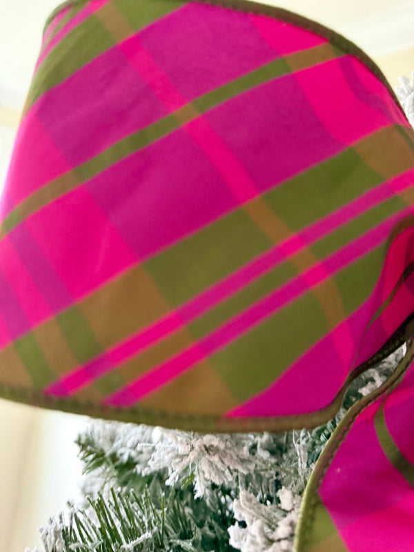 Luxe Magenta & Green Duponi Mantle Bow for Winter, Tree Topper, Mantle Bows