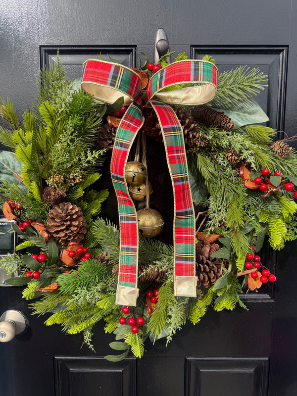 Tartan Plaid Pine Wreath with Bells for Winter