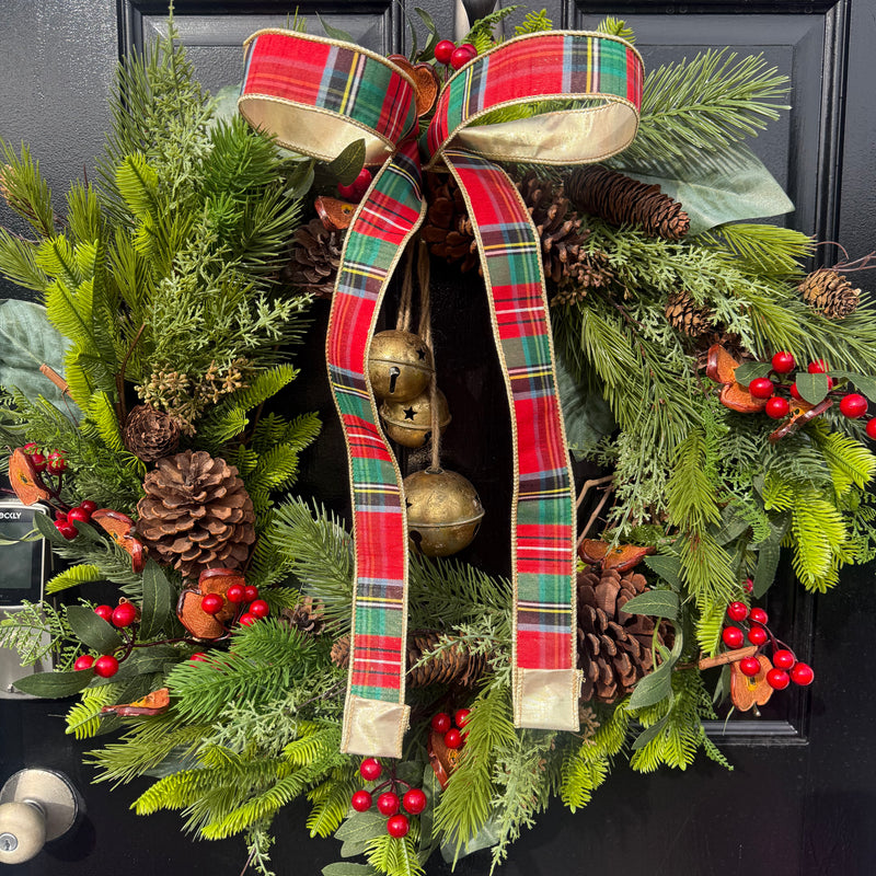 Tartan Plaid Pine Wreath with Bells for Winter