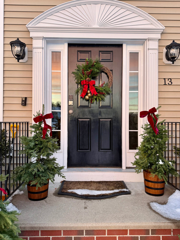 Crush Velvet  Christmas  Wreath with Tartan Bow & Golden Bells – Rustic Holiday Winter Door Decor