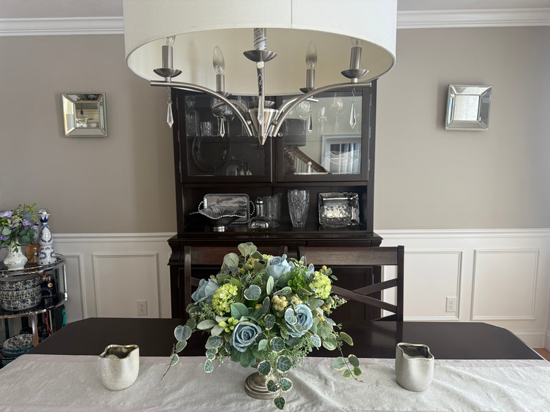 Luxury blue rose and green hydrangea arrangement for spring