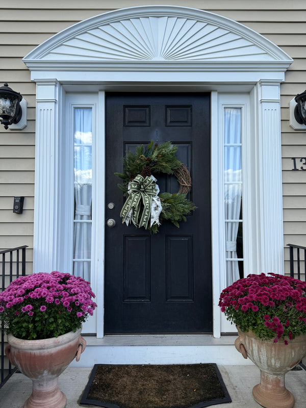 Rustic Winter Wreath w Monogram for Front Door w Deer Bow