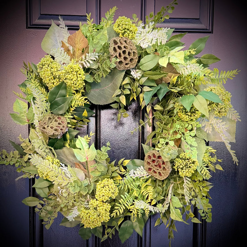 Evergreen Wreath w Moss Covered Lotus Pods for Spring or Year Round use