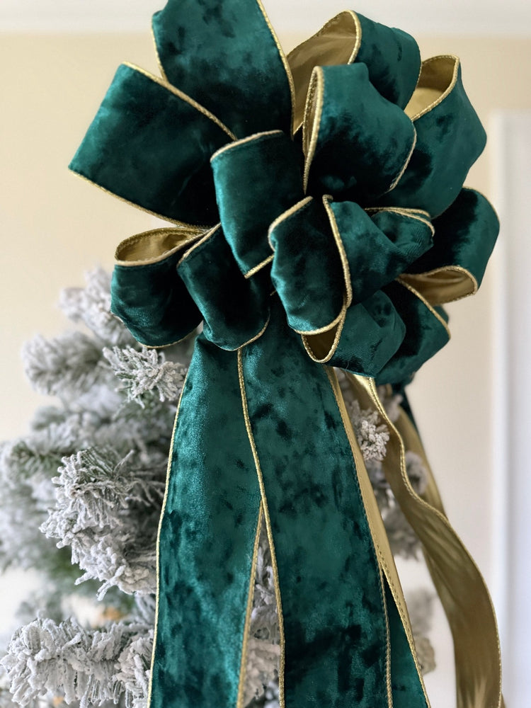 Emerald w Gold Trim Velvet Tree Topper Bow for Winter