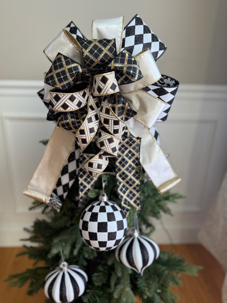 Black & White Harlequin Tree Topper Bow for Christmas Tree