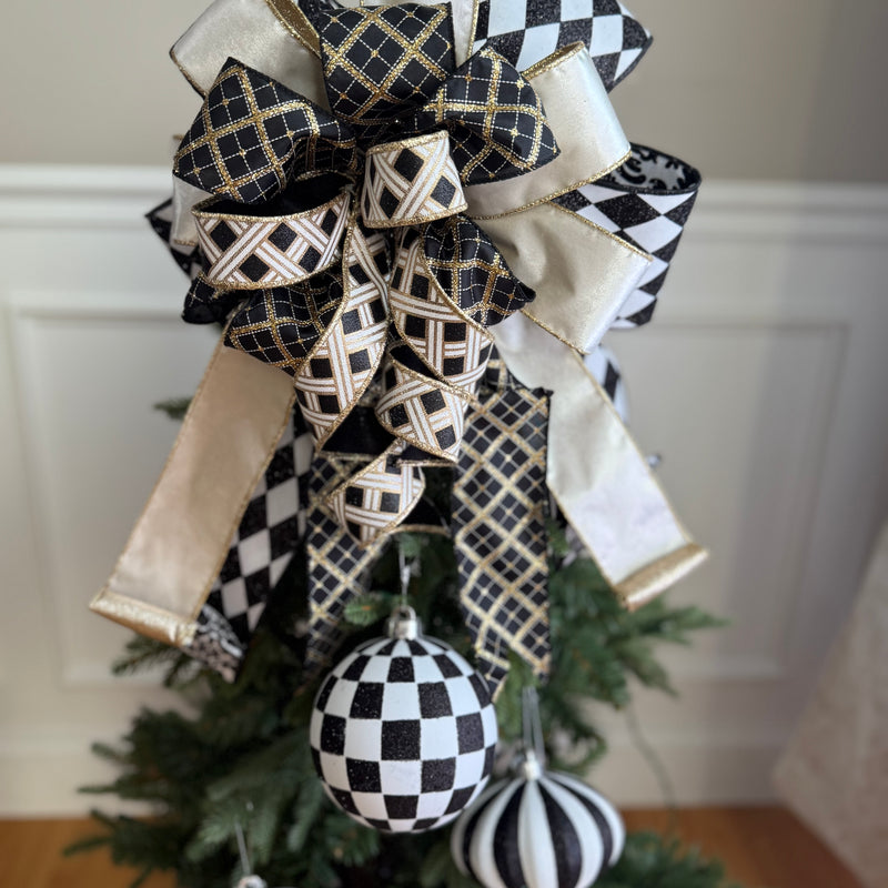 Black & White Harlequin Tree Topper Bow for Christmas Tree