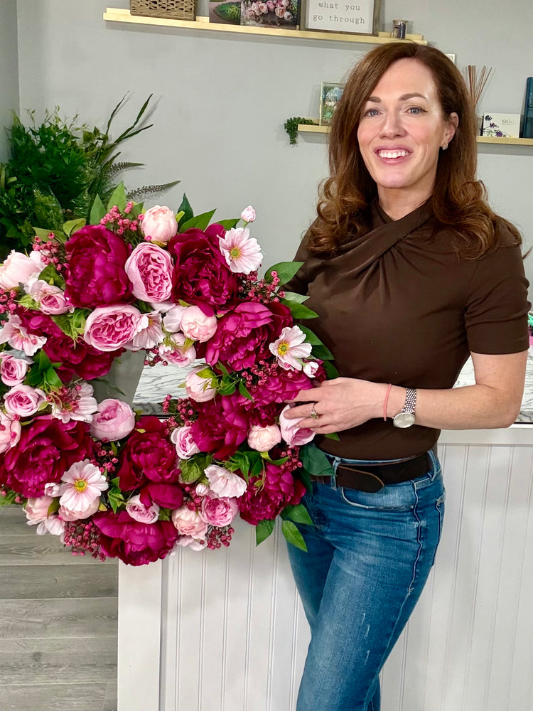 Fuchia Pink Hydrangeas & Peonies Cottagecore Wreath for Spring and Summer