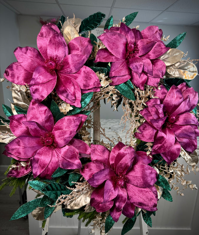 Winter Glam Wreath w Velvet Poinsettias