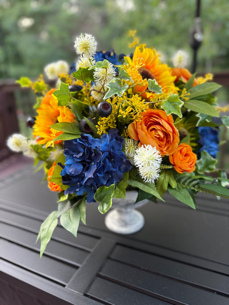 Vibrant Sunflower Arrangement with Deep Blue Ranunculus