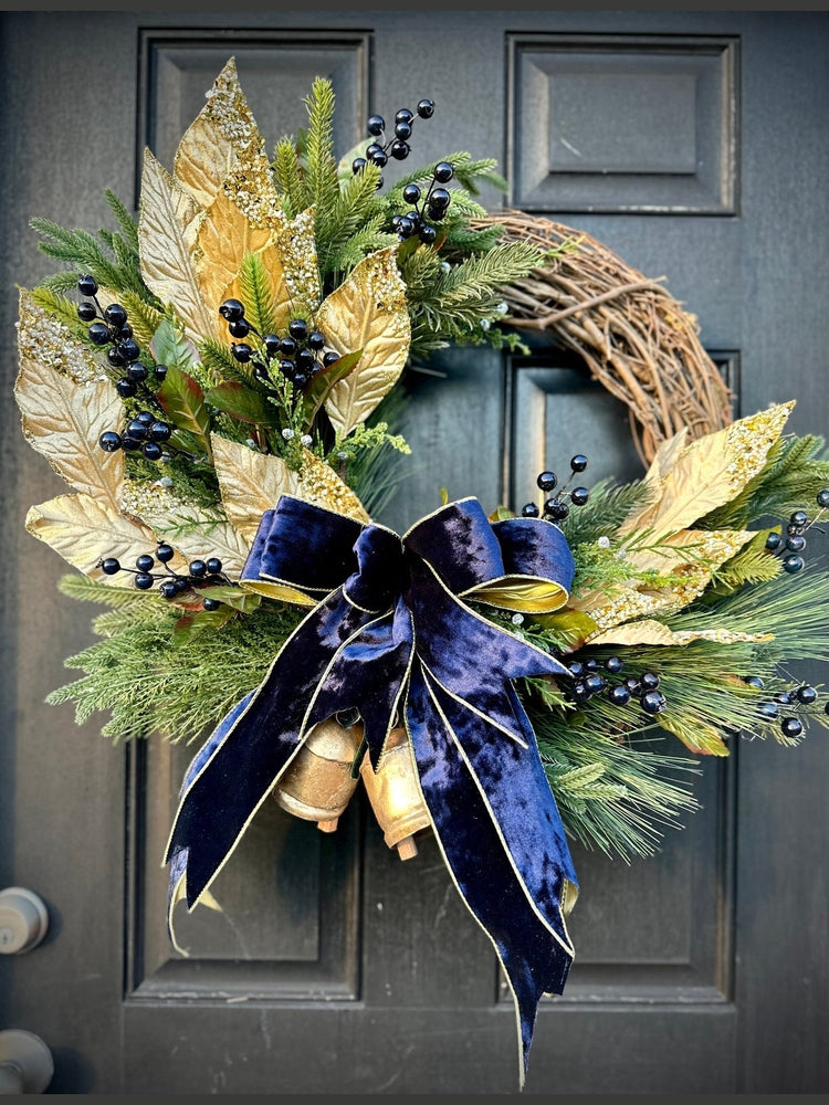 Navy Velvet Gold Winter Wreath w Antique Bells