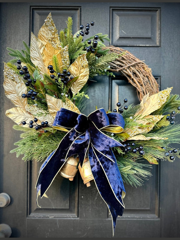 Navy Velvet Gold Winter Wreath w Antique Bells