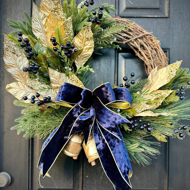 Navy Velvet Gold Winter Wreath w Antique Bells