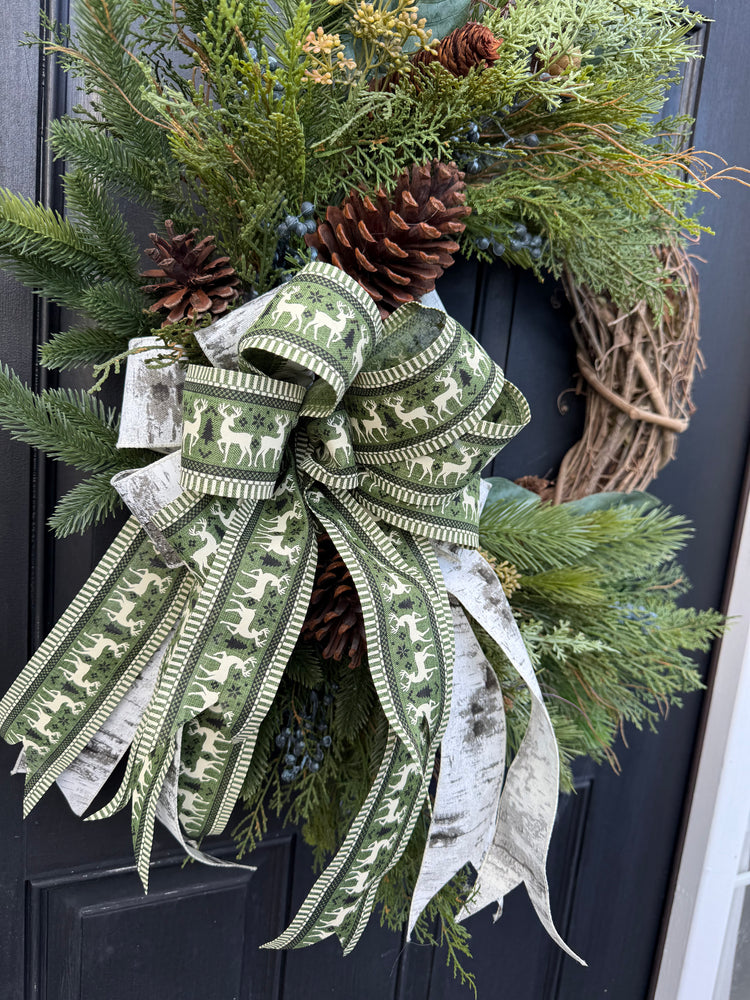 Rustic Winter Wreath w Monogram for Front Door w Deer Bow