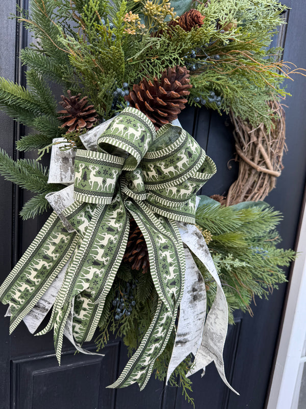 Rustic Winter Wreath w Monogram for Front Door w Deer Bow