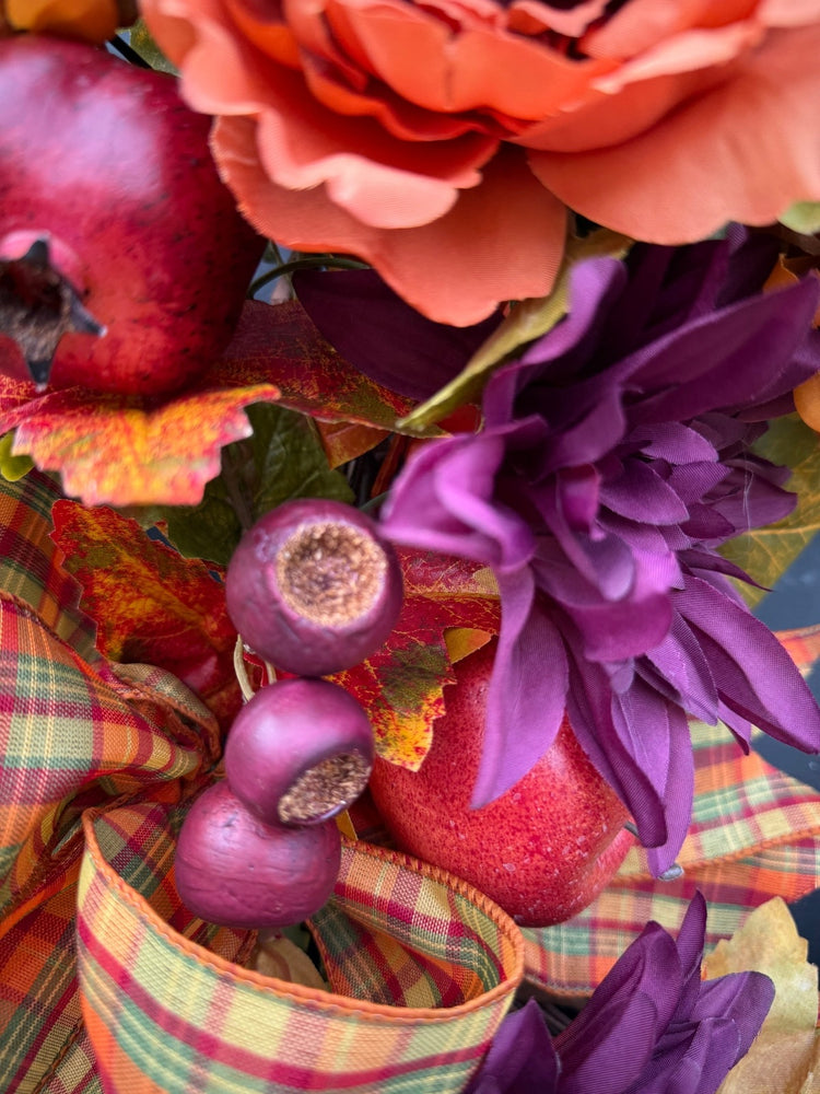 Fall Harvest Wreath with Plaid Bow & Faux Fruits