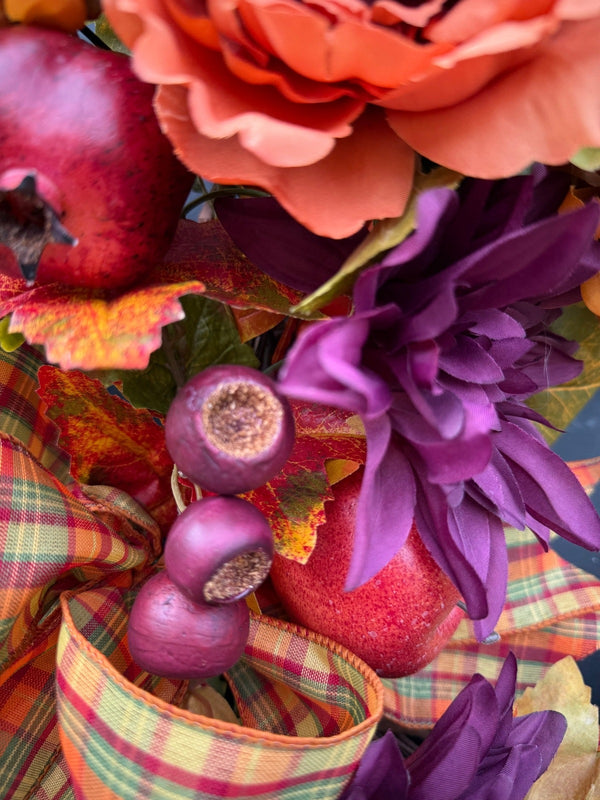 Fall Harvest Wreath with Plaid Bow & Faux Fruits