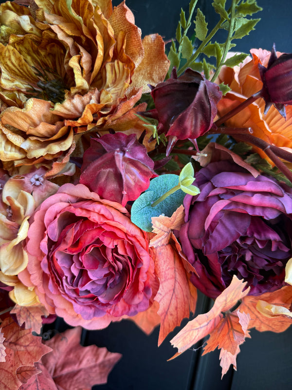 Fall Peony Wreath in Burgundy and Orange