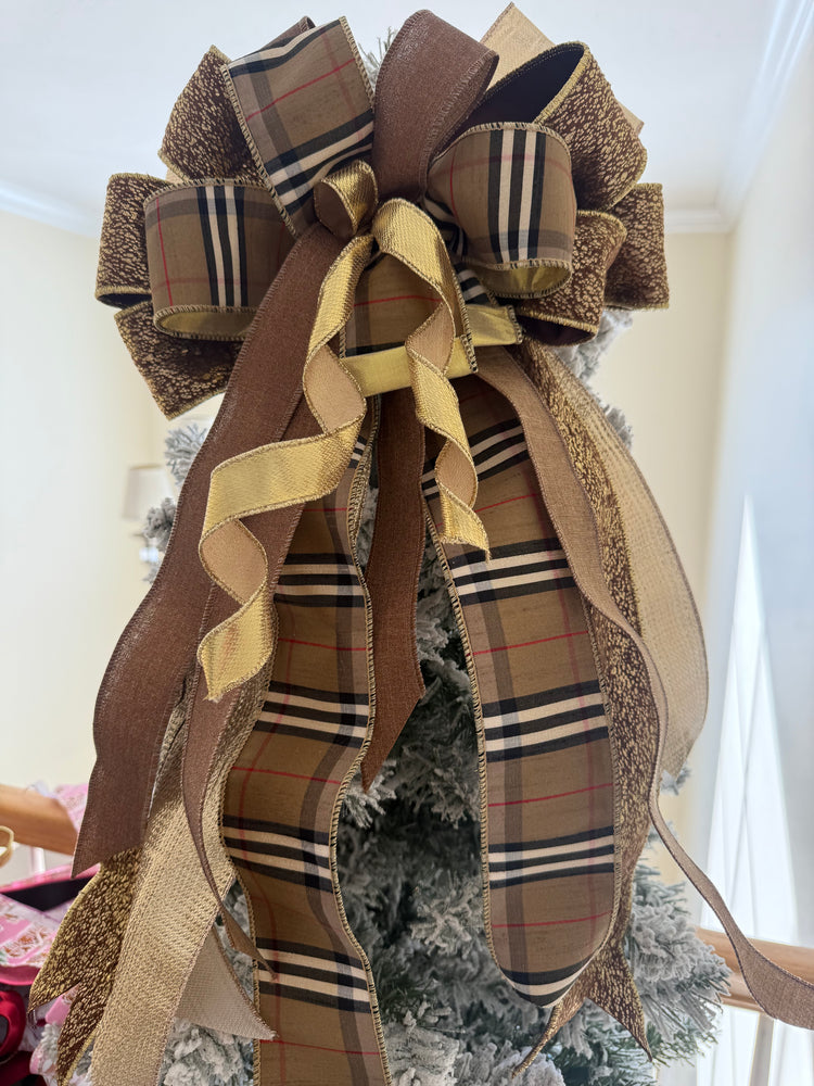 Burberry Inspired Plaid and Gold Christmas Tree Topper Bow