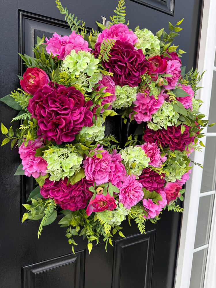 Magenta Mophead Hydrangeas & Peonies Cottagecore Wreath for Spring and summer