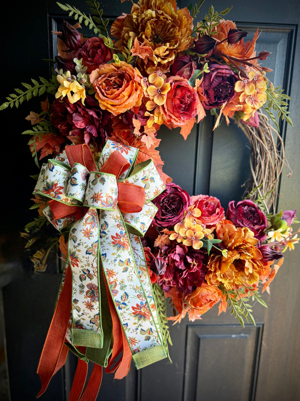 Fall Peony Wreath in Burgundy and Orange