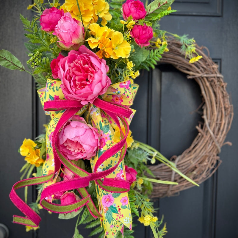 Vibrant Pink Peony Wreath w/ Designer Bow for Spring, Year Round Decor