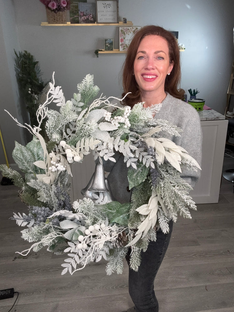 Snowy Winter Wreath with Silver Bells, Flocked Wreath