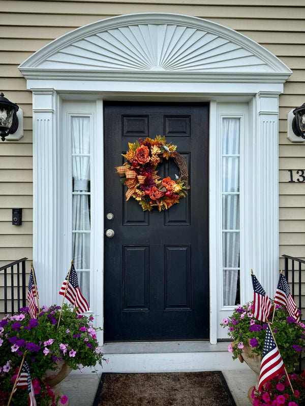 Fall Harvest Wreath with Plaid Bow & Faux Fruits