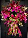 Luxe Hot Pink & Gold Christmas Wreath – Winter Holiday Front Door Decor w Velvet Poinsettias and Ribbon Bow