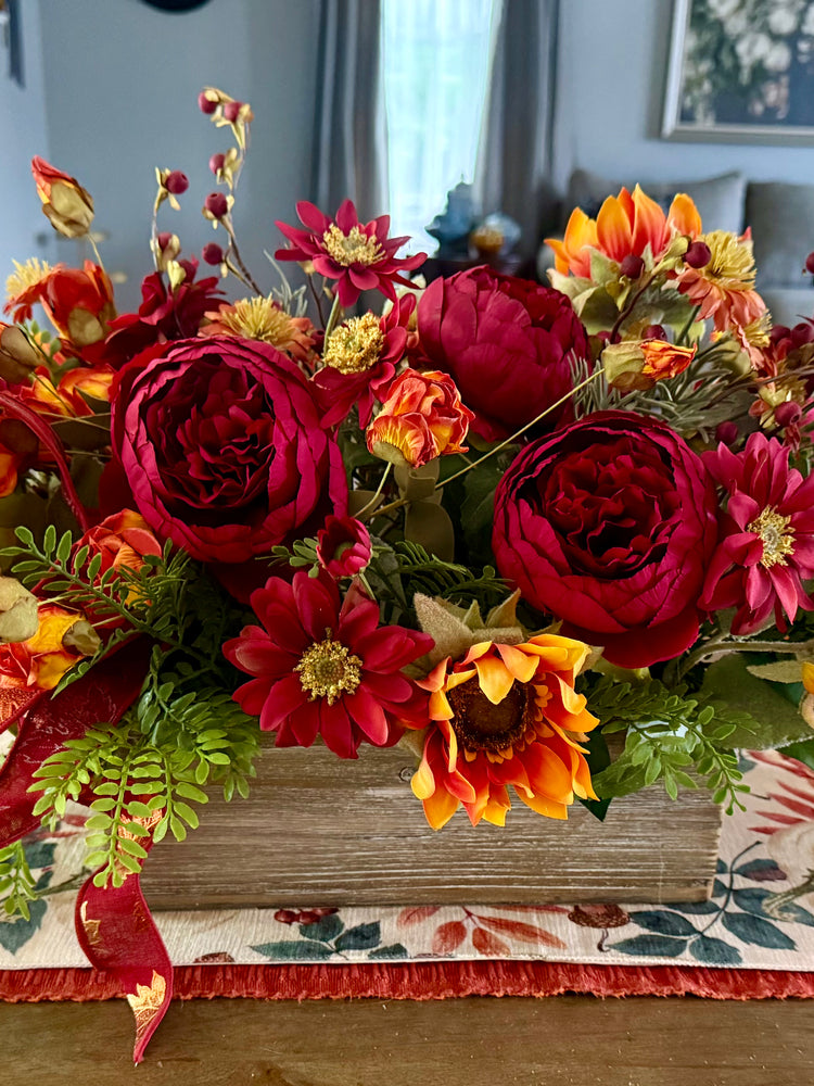 Elegant Burgundy Peony and Sunflower Centerpiece for Fall