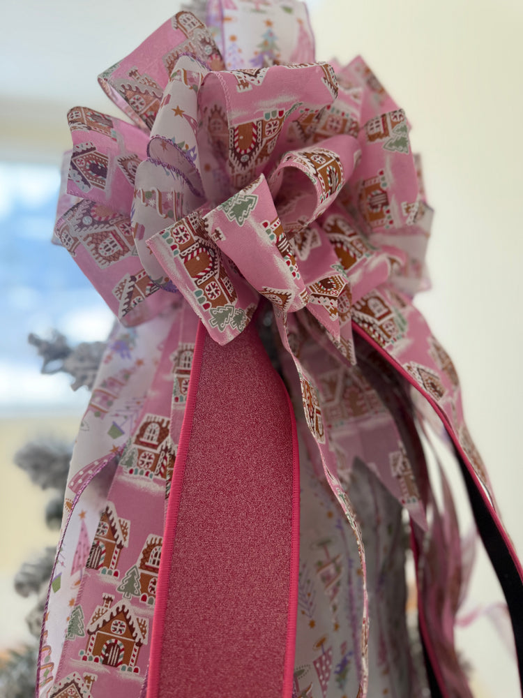 Pink Gingerbread House Christmas Tree Topper Bow