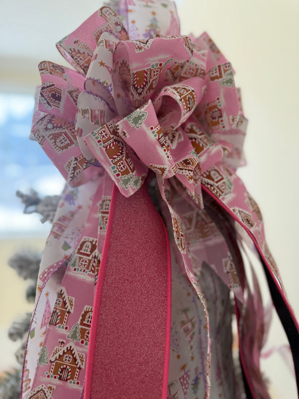 Pink Gingerbread House Christmas Tree Topper Bow