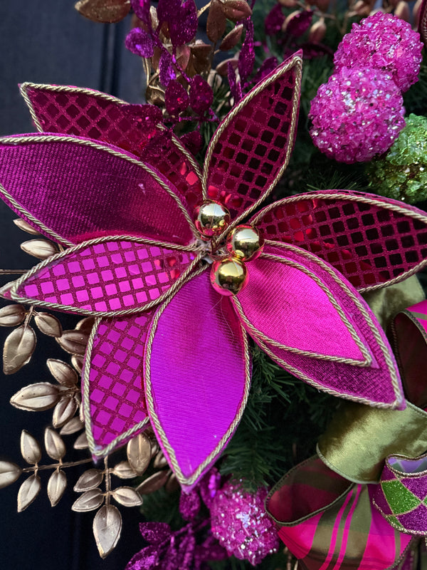 Luxe Hot Pink & Gold Christmas Wreath – Winter Holiday Front Door Decor w Velvet Poinsettias and Ribbon Bow