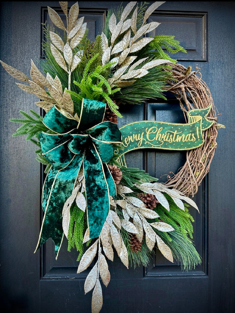 Emerald Velvet Gold Merry Christmas Wreath for Winter