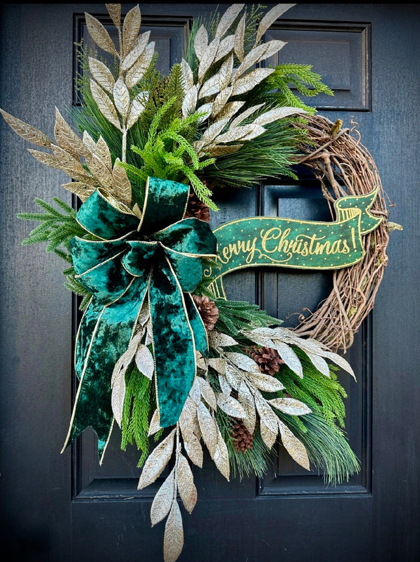 Emerald Velvet Gold Merry Christmas Wreath for Winter