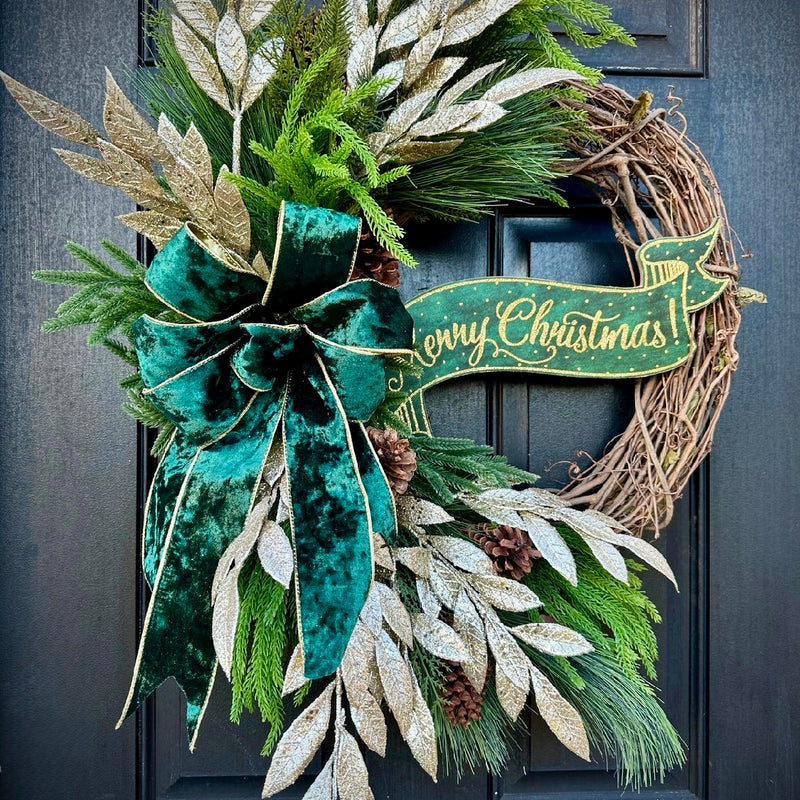 Emerald Velvet Gold Merry Christmas Wreath for Winter