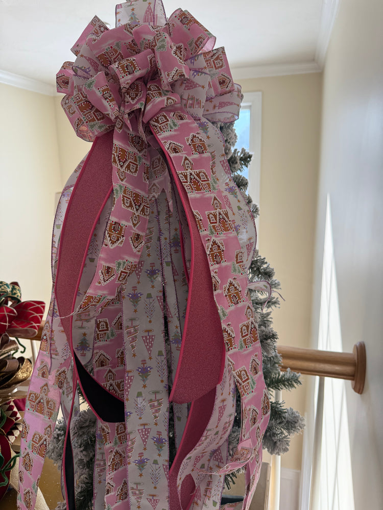 Pink Gingerbread House Christmas Tree Topper Bow