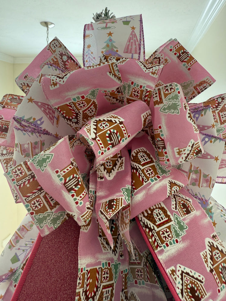 Pink Gingerbread House Christmas Tree Topper Bow