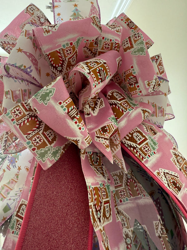 Pink Gingerbread House Christmas Tree Topper Bow