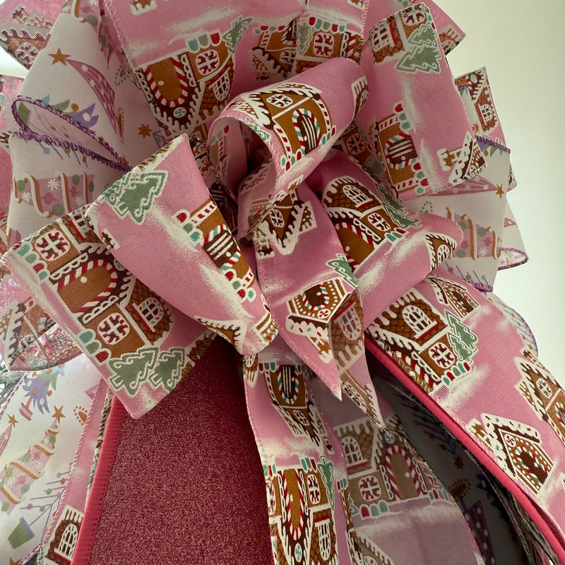 Pink Gingerbread House Christmas Tree Topper Bow
