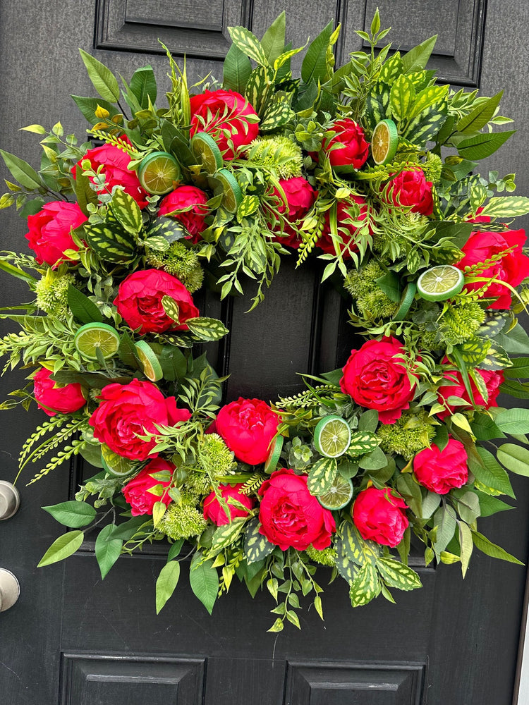 Hot Pink Peony and Limes Wreath for Summer