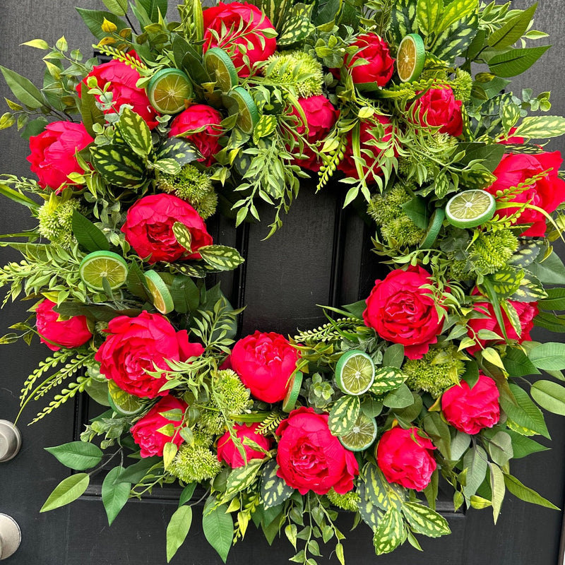 Hot Pink Peony and Limes Wreath for Summer