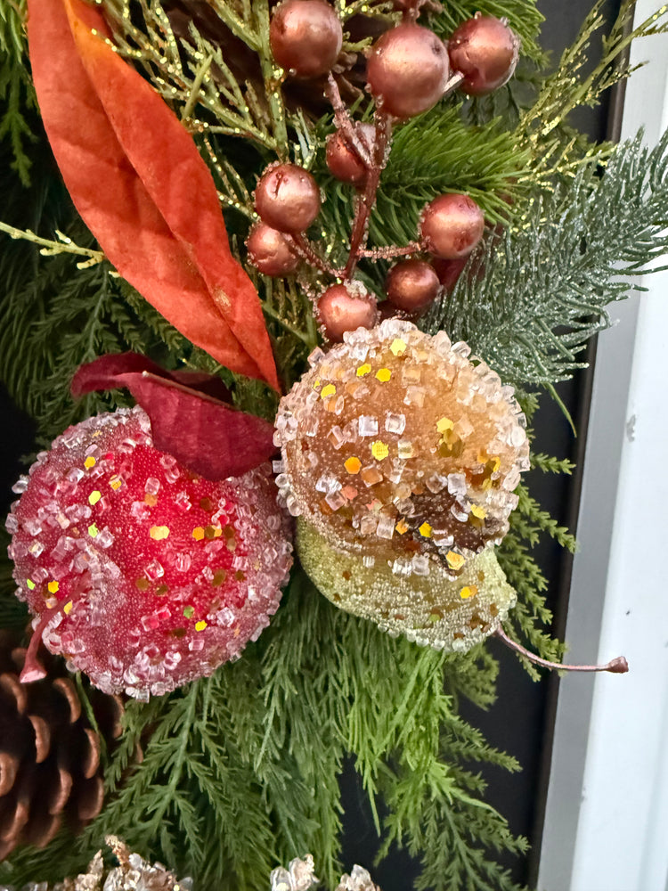 Vintage Style Pine Wreath w Sugared Fruit for Winter