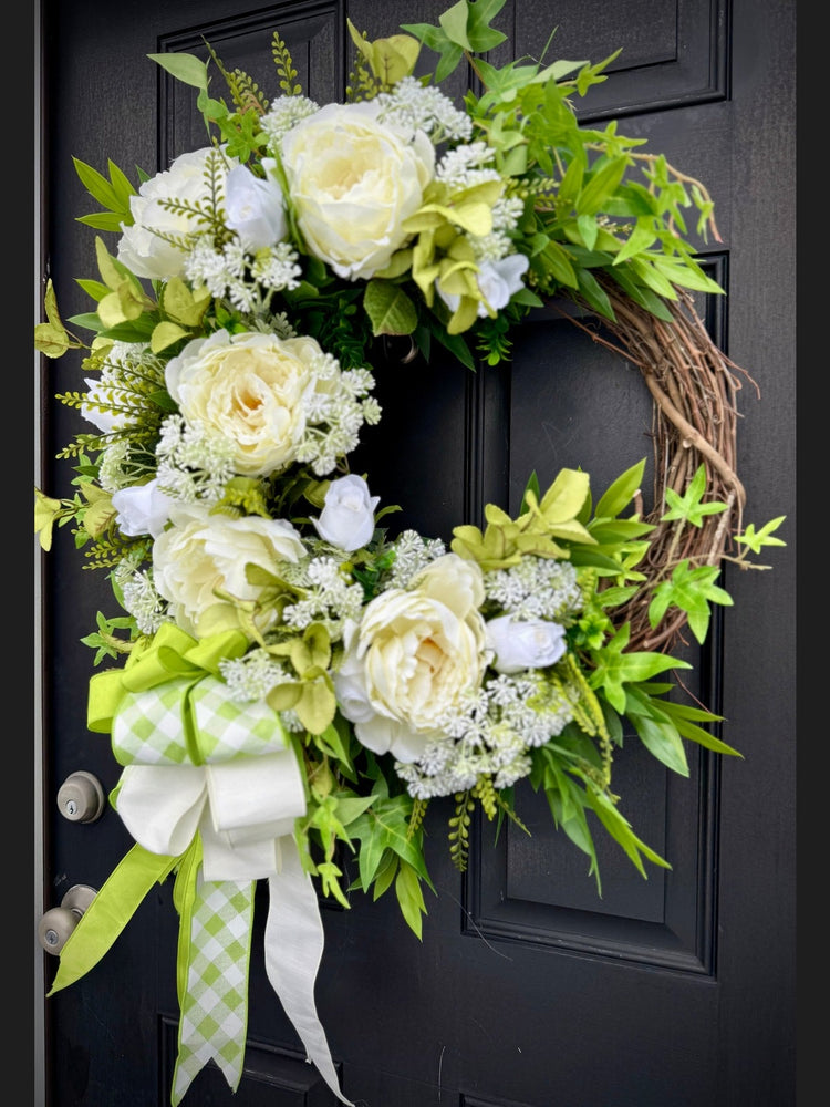 Lime Cream Peony and Rose Spring Wreath,