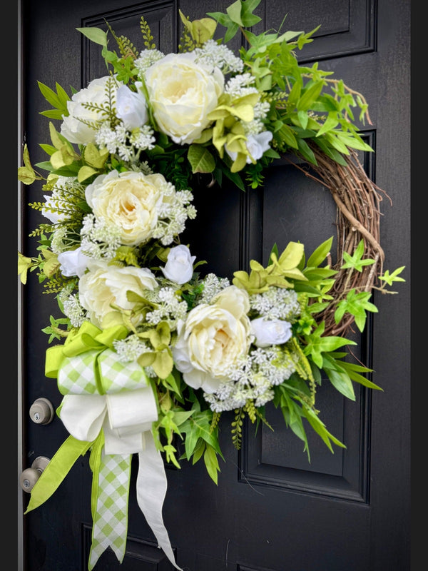 Lime Cream Peony and Rose Spring Wreath,