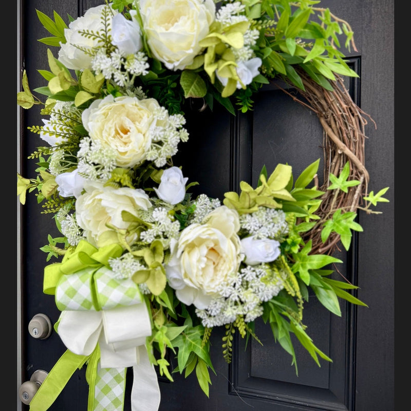 Lime Cream Peony and Rose Spring Wreath,