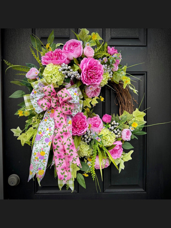 Bright Pink Peony and Hydrangea Wreath with Floral Bow
