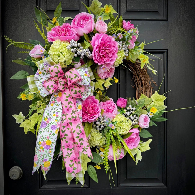 Bright Pink Peony and Hydrangea Wreath with Floral Bow